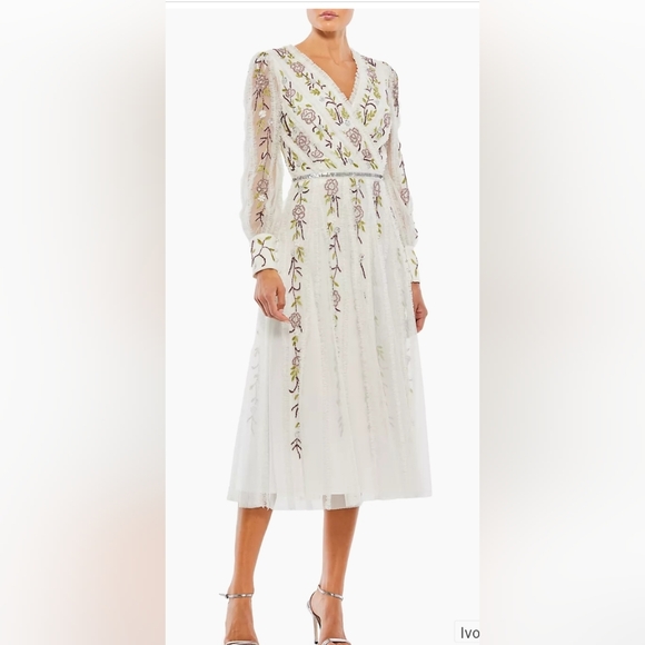 Mac Duggal ivory multi V-Neck Embellished Midi-Dress Sz 4 nwt - Picture 2 of 16